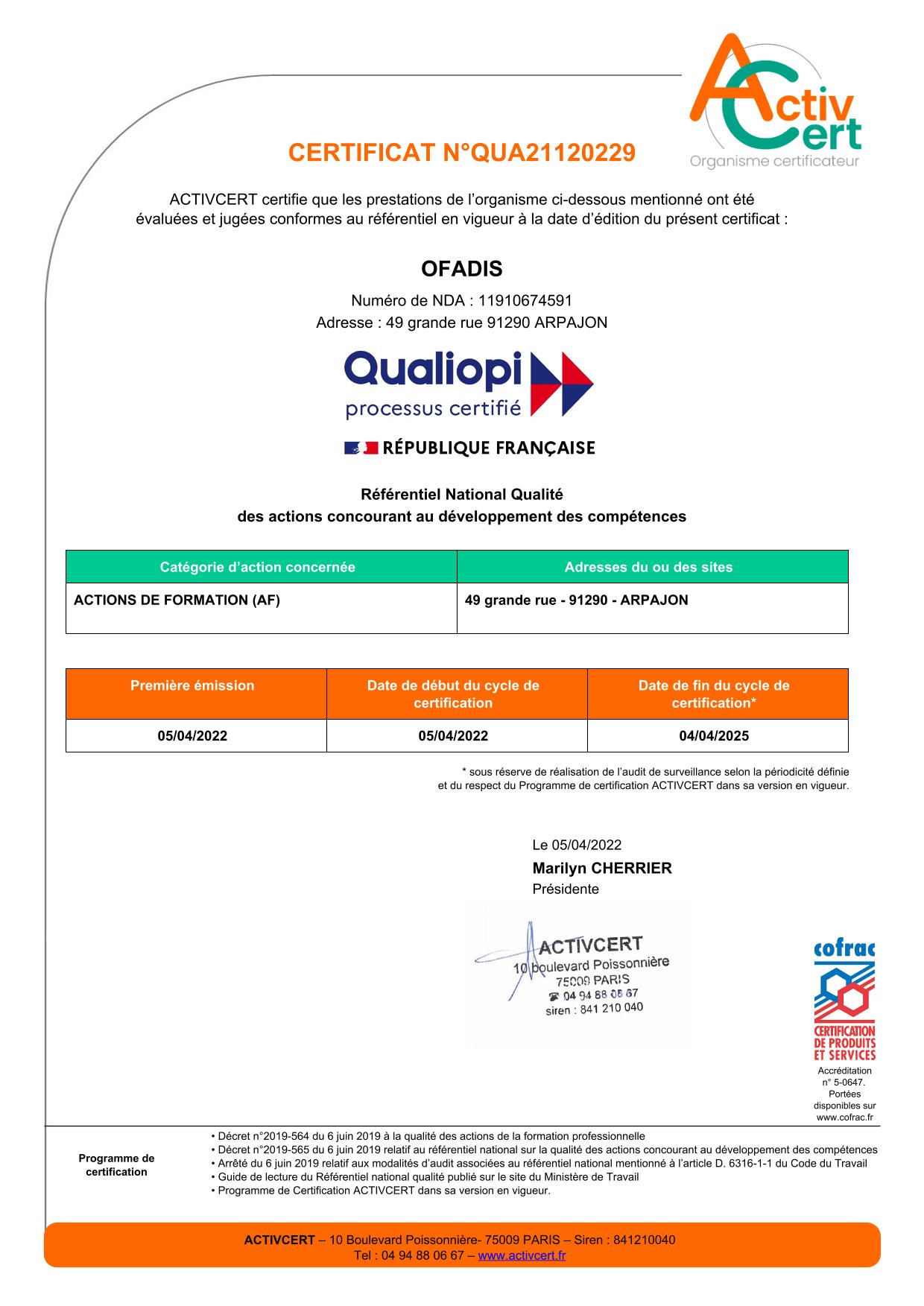 Certificat QUALIOPI OFADIS 