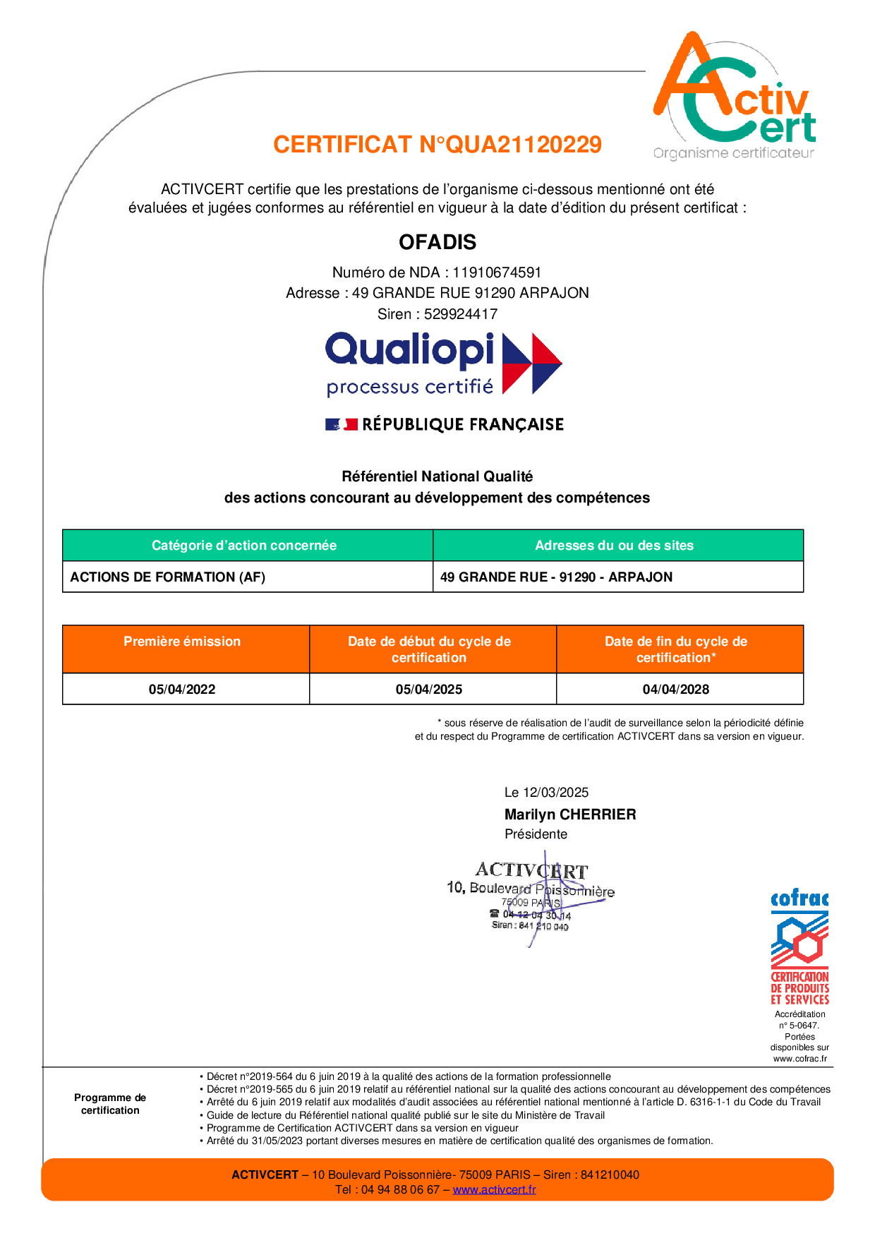 Certificat QUALIOPI nQUA21120229 OFADIS 25 28