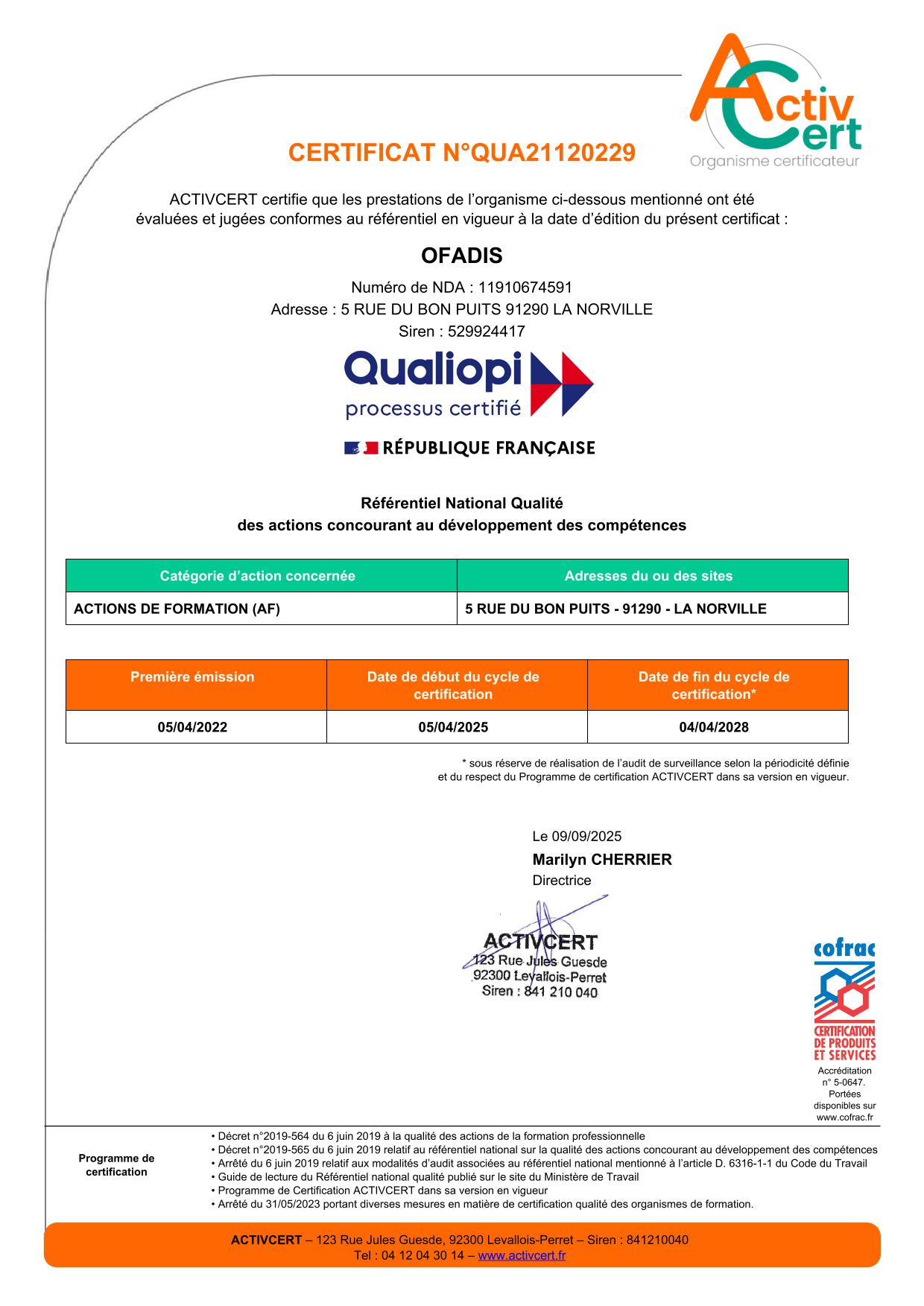 Réédition de certificat OFADIS 25 28 1